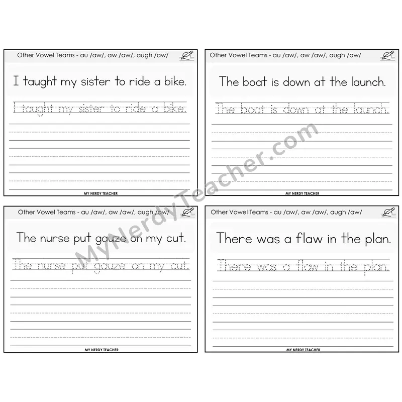AU, AW, AUGH (/aw/) Read It Trace It Write It Task Cards — Decodable Sentences