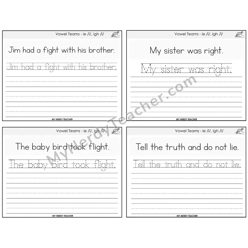 Long I Vowel Teams (ie, igh) Read It Trace It Write It Task Cards — Decodable Sentences