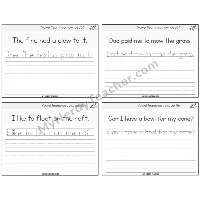 Long O Vowel Teams (oa, ow, oe) Read It Trace It Write It Task Cards — Decodable Sentences