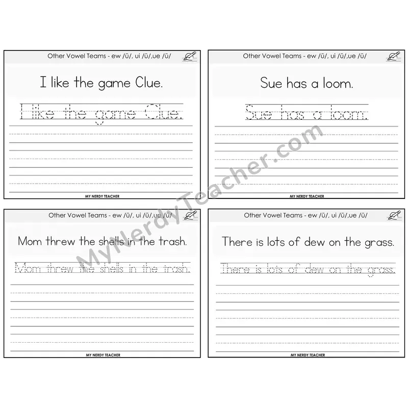 Long U (ew, ui, ue) Read It Trace It Write It Task Cards — Decodable Sentences