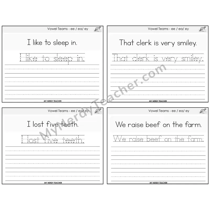 Long E Vowel Teams (ee, ea, ey) Read It Trace It Write It Task Cards — Decodable Sentences