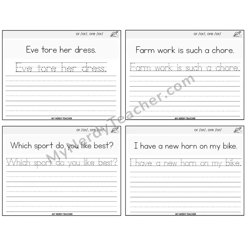 R-Controlled OR and ORE Read It Trace It Write It Task Cards — Decodable Sentences