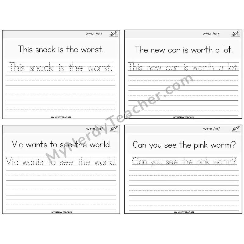 W+OR spelling /er/ Read It Trace It Write It Task Cards — Decodable Sentences