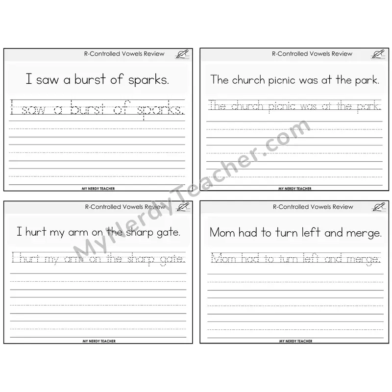 R-Controlled Vowels Review Read It Trace It Write It Task Cards — Decodable Sentences