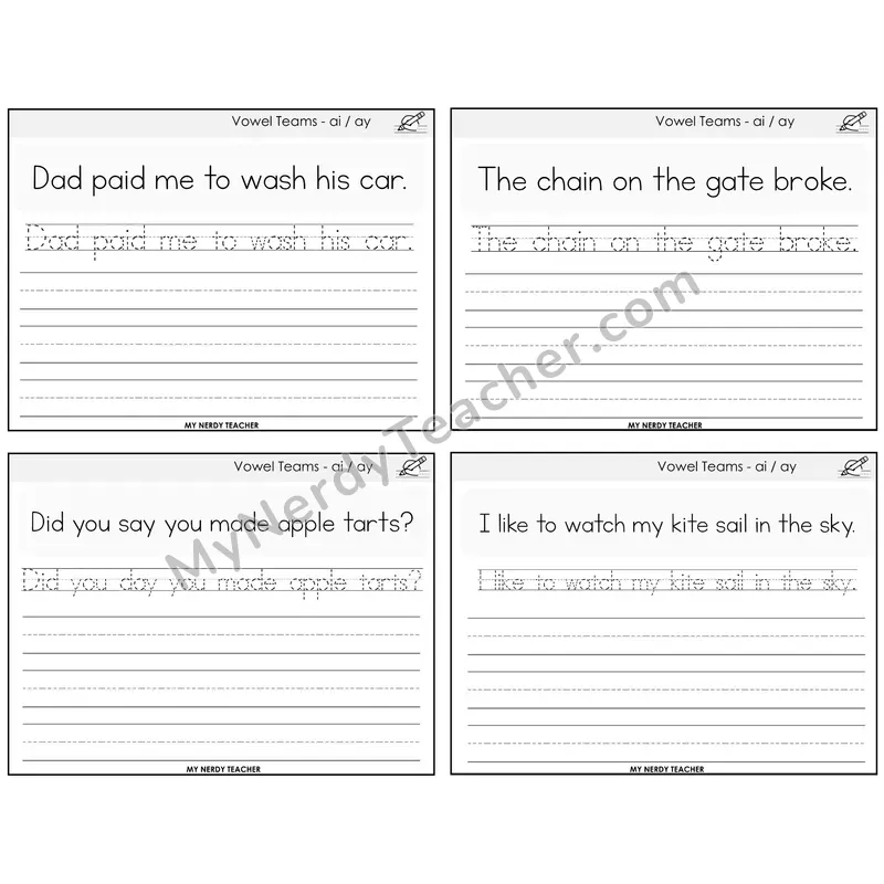 Long A Vowel Teams (ai, ay) Read It Trace It Write It Task Cards — Decodable Sentences