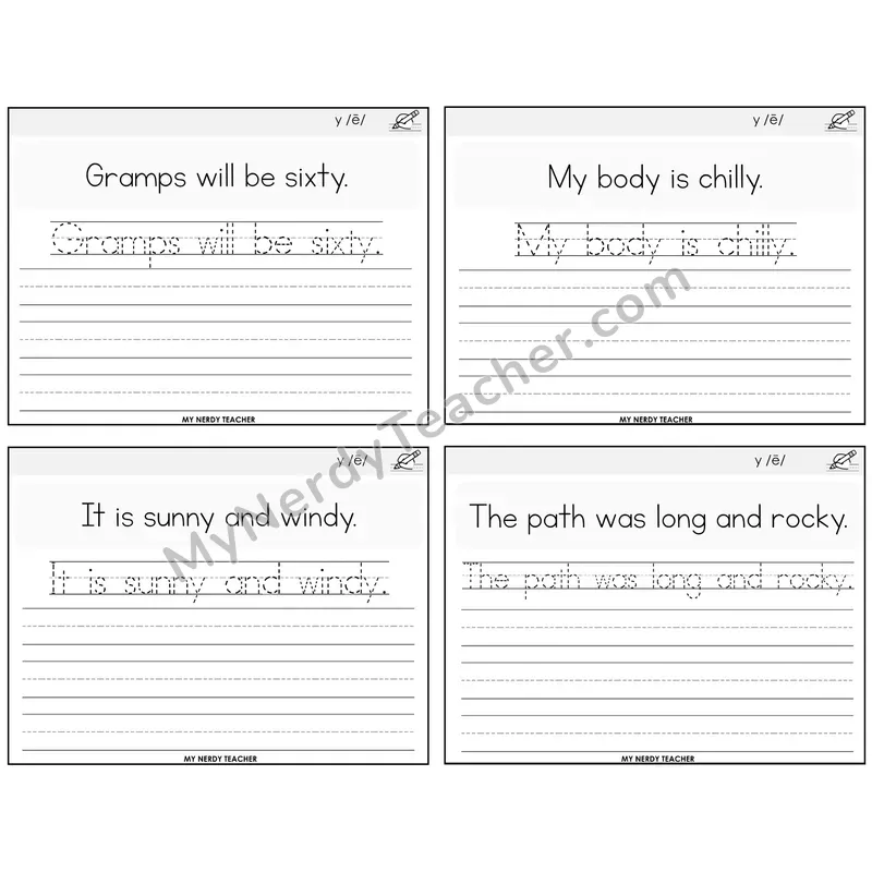 Y as Long E Read It Trace It Write It Task Cards — Decodable Sentences