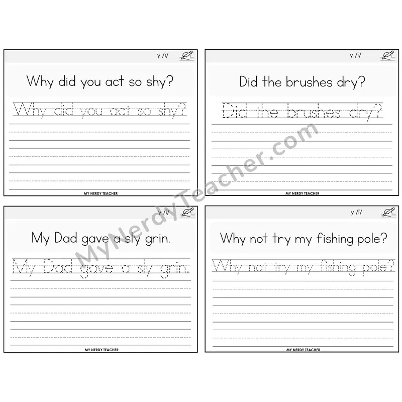 Y as Long I Read It Trace It Write It Task Cards — Decodable Sentences