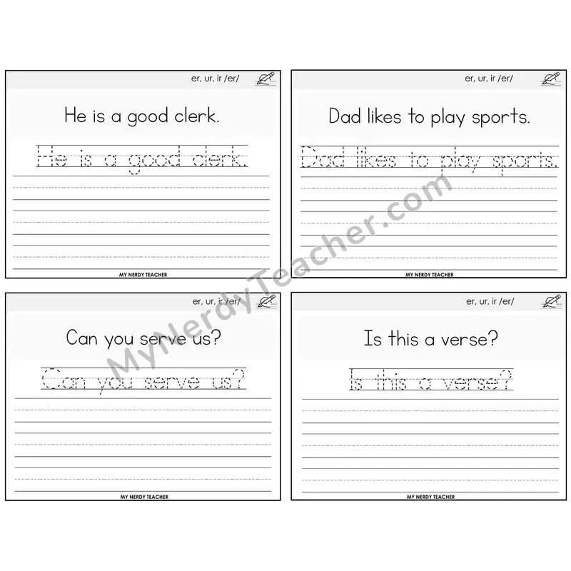 R-Controlled ER, UR, IR Read It Trace It Write It Task Cards — Decodable Sentences
