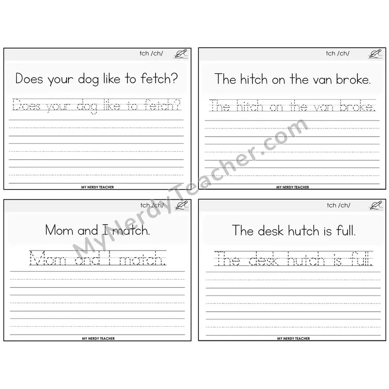 TCH Trigraph Read It Trace It Write It Task Cards — Decodable Sentences