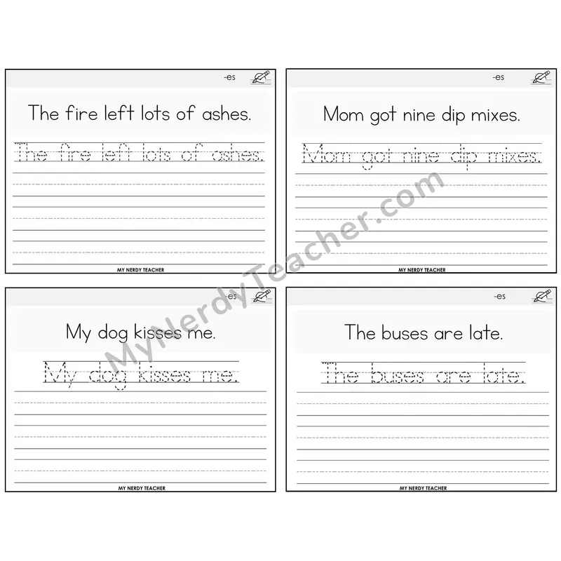 Suffix -es (Inflectional) Read It Trace It Write It Task Cards — Decodable Sentences