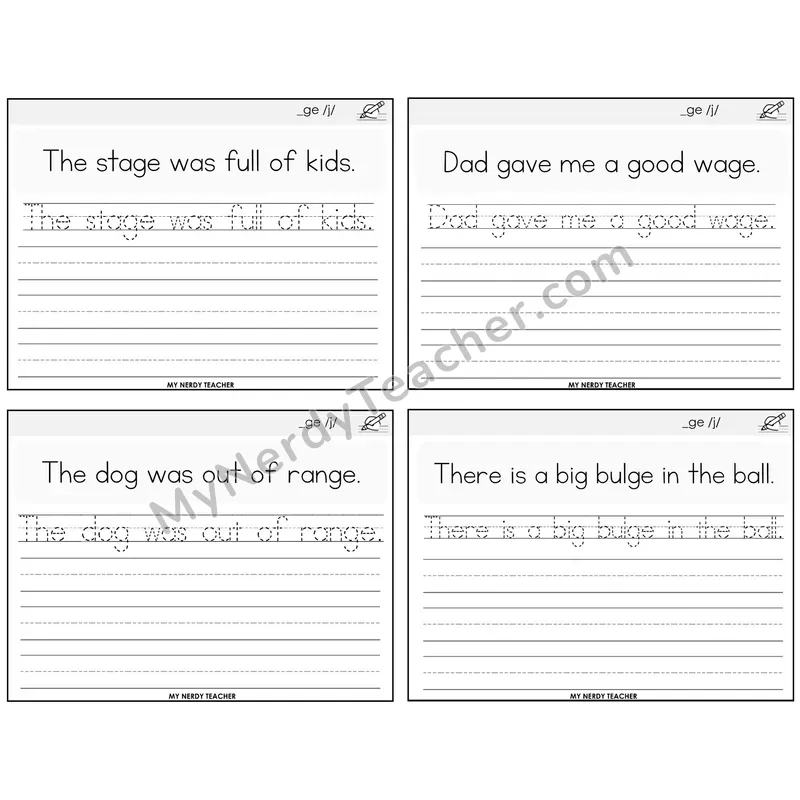 Soft G (_ge) Read It Trace It Write It Task Cards — Decodable Sentences