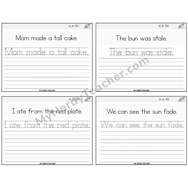 Long A VCe (a_e) Read It Trace It Write It Task Cards — Decodable Sentences