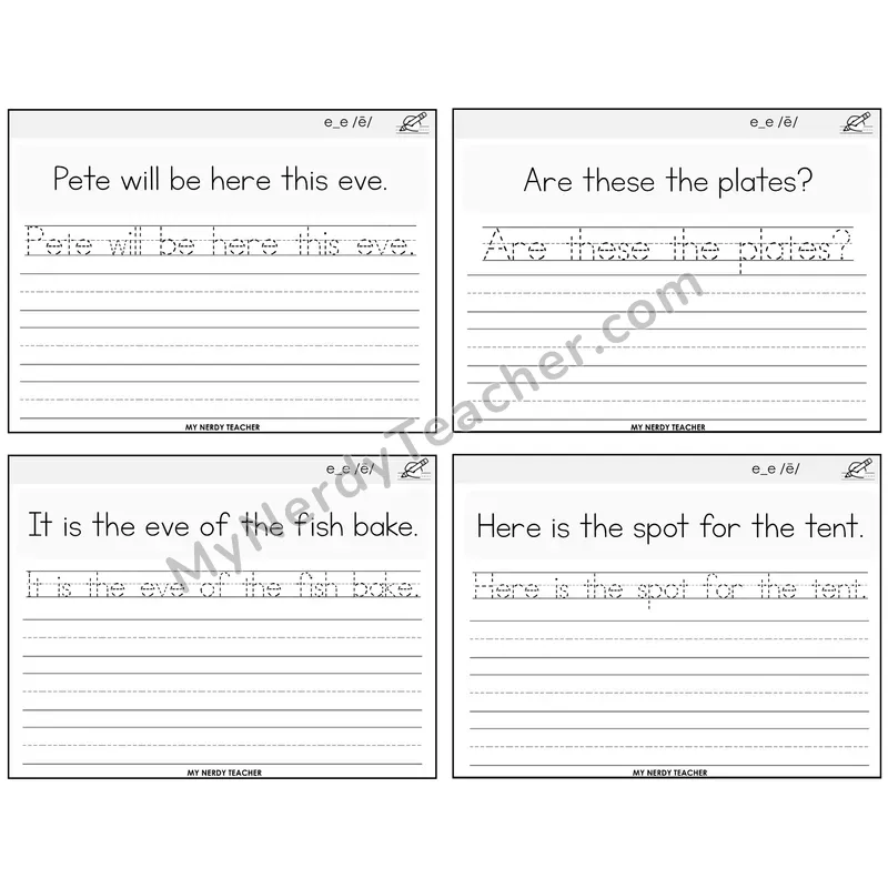 Long E VCe (e_e) Read It Trace It Write It Task Cards — Decodable Sentences