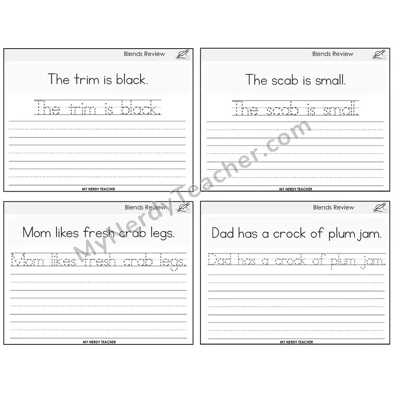 Blends Review Read It Trace It Write It Task Cards — Decodable Sentences