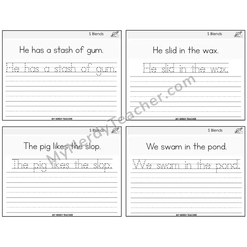 S Blends Read It Trace It Write It Task Cards — Decodable Sentences