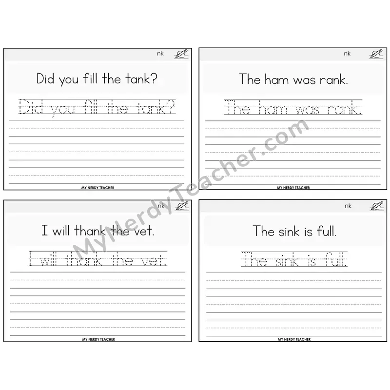 NK Digraph Read It Trace It Write It Task Cards — Decodable Sentences