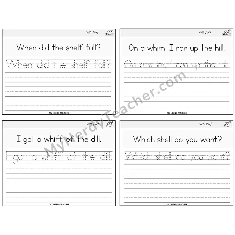 WH Digraph Read It Trace It Write It Task Cards — Decodable Sentences