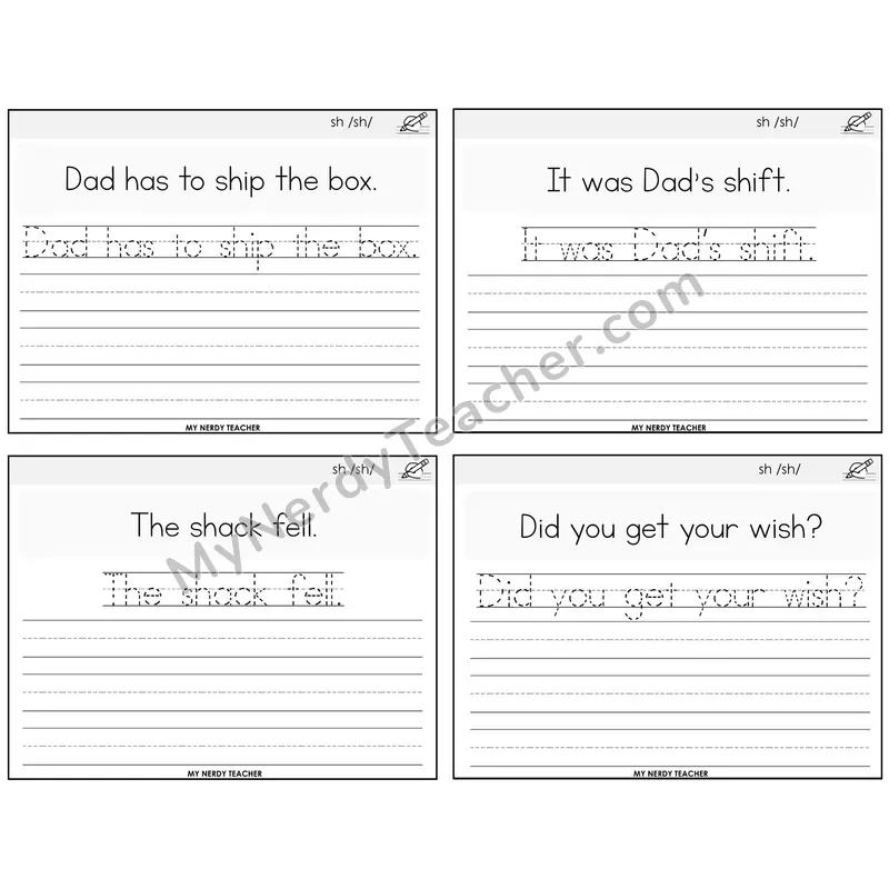 SH Digraph Read It Trace It Write It Task Cards — Decodable Sentences