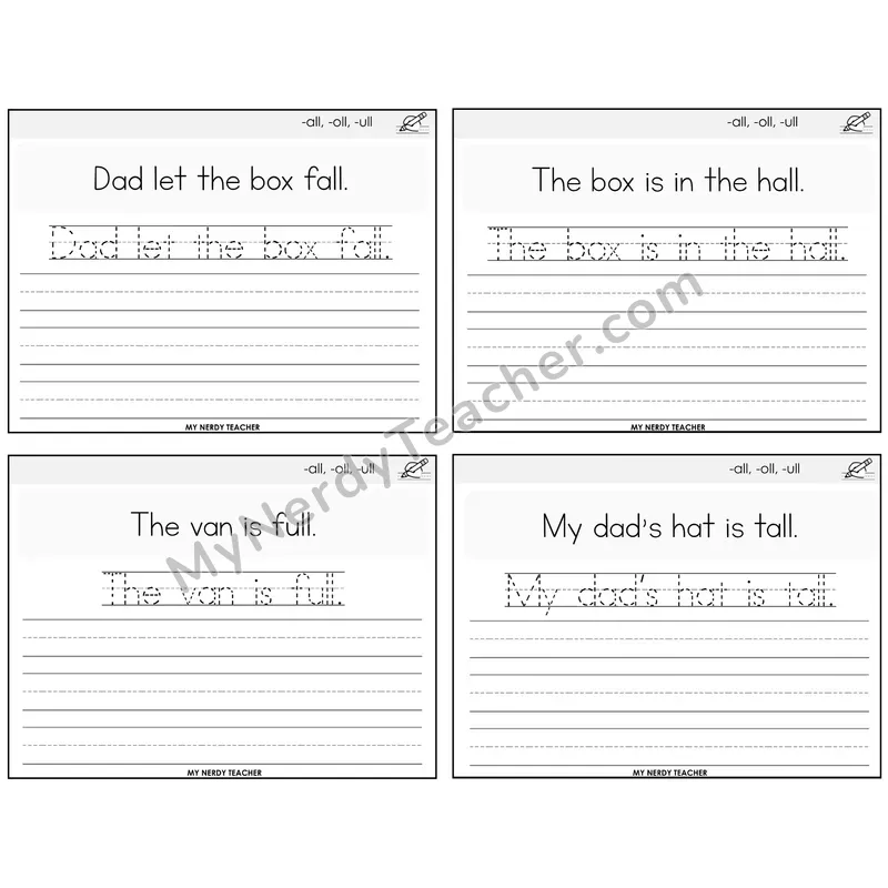 All, Oll, Ull Read It Trace It Write It Task Cards — Decodable Sentences