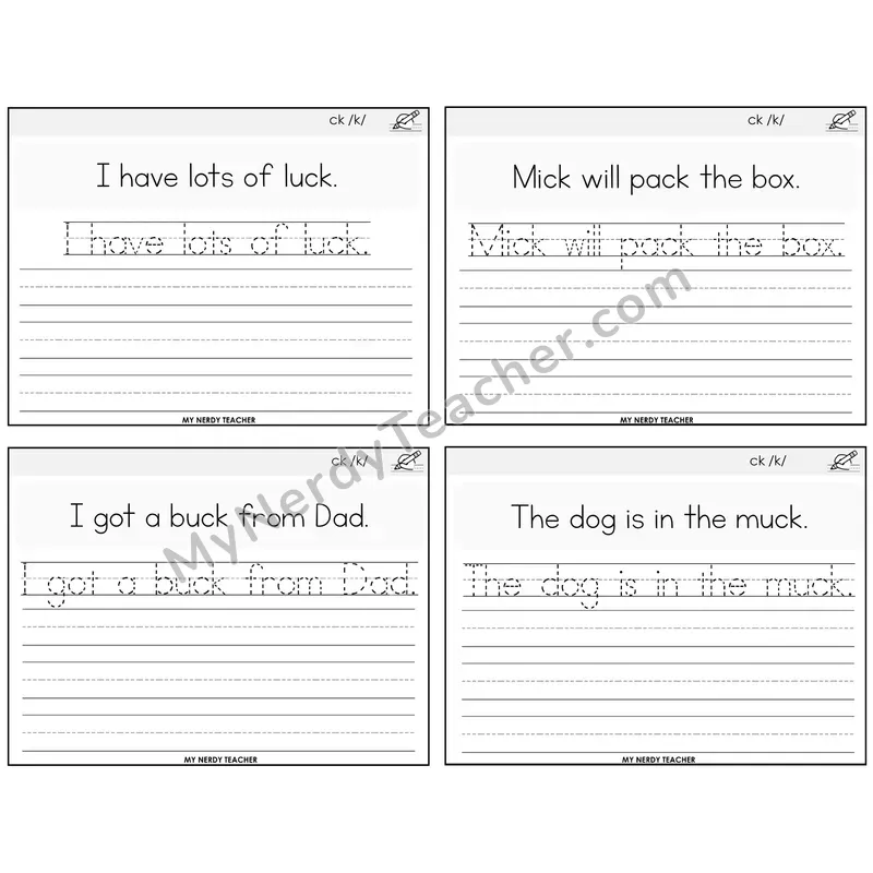 CK Digraph Read It Trace It Write It Task Cards — Decodable Sentences