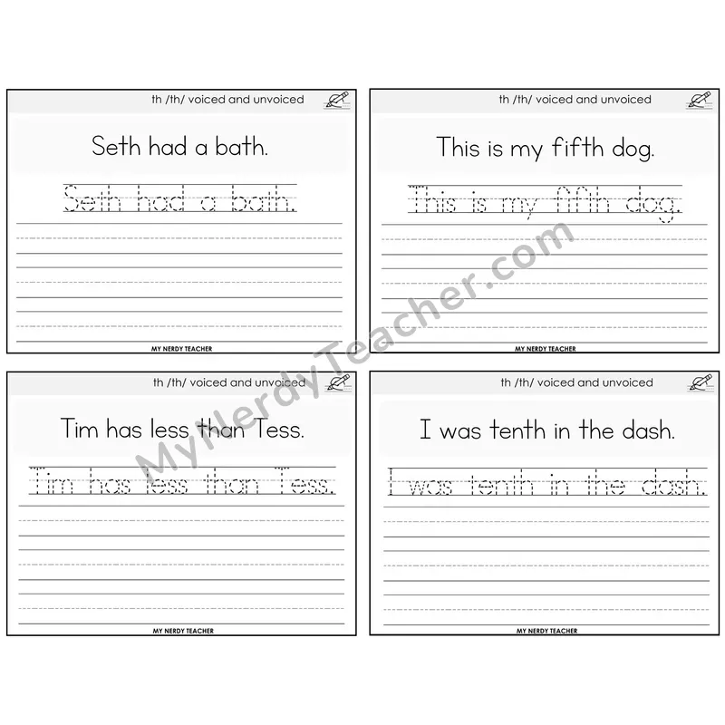 TH Digraph (Voiced + Unvoiced) Read It Trace It Write It Task Cards — Decodable Sentences