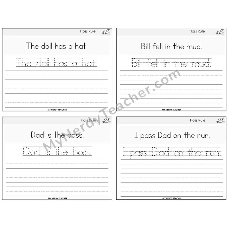 Floss Rule (ff, ll, ss, zz) Read It Trace It Write It Task Cards — Decodable Sentences