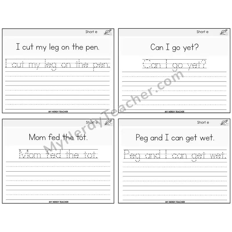 Short E Read It Trace It Write It Task Cards — Decodable Sentences