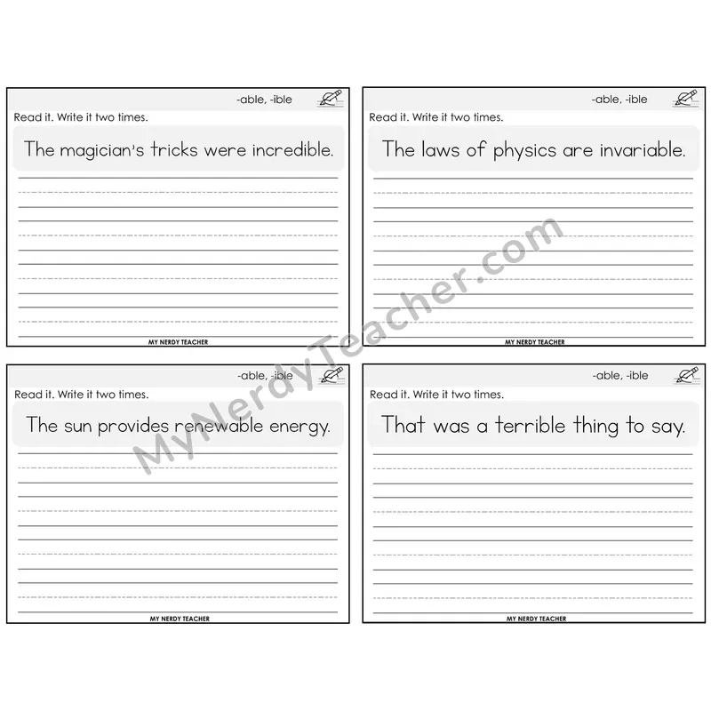 Suffixes -able and -ible Read It Write It Task Cards — Decodable Sentences