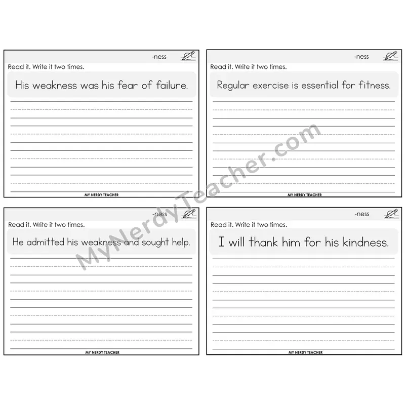 Suffix -ness Read It Write It Task Cards — Decodable Sentences