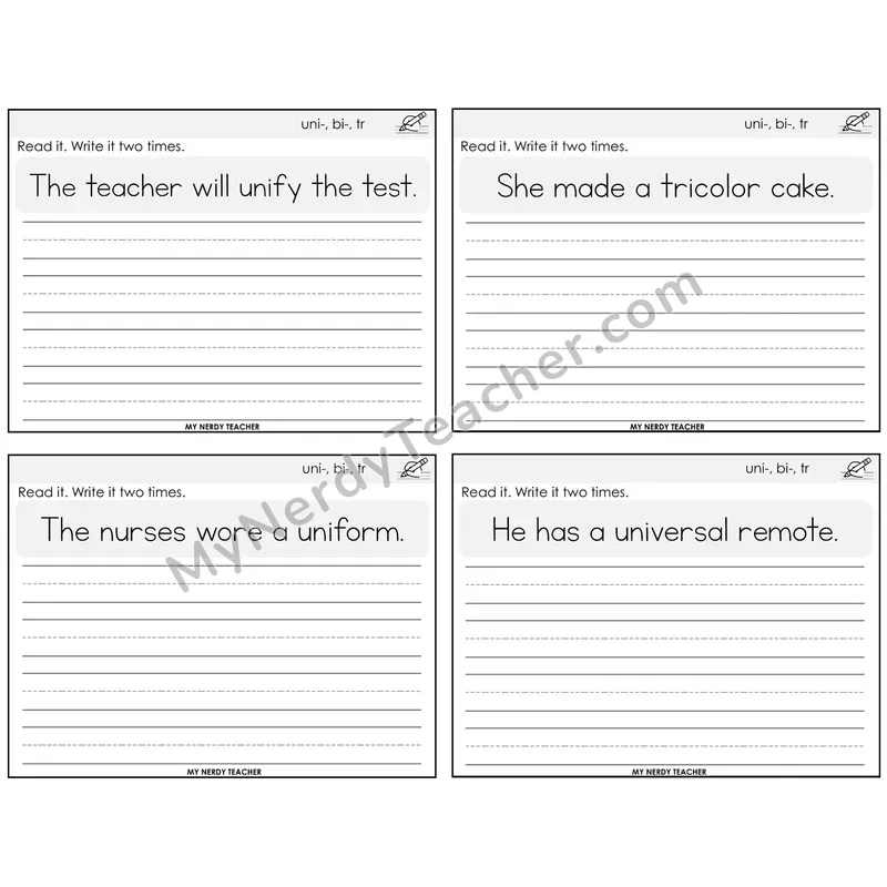 Prefixes uni-, bi-, tri- Read It Write It Task Cards — Decodable Sentences
