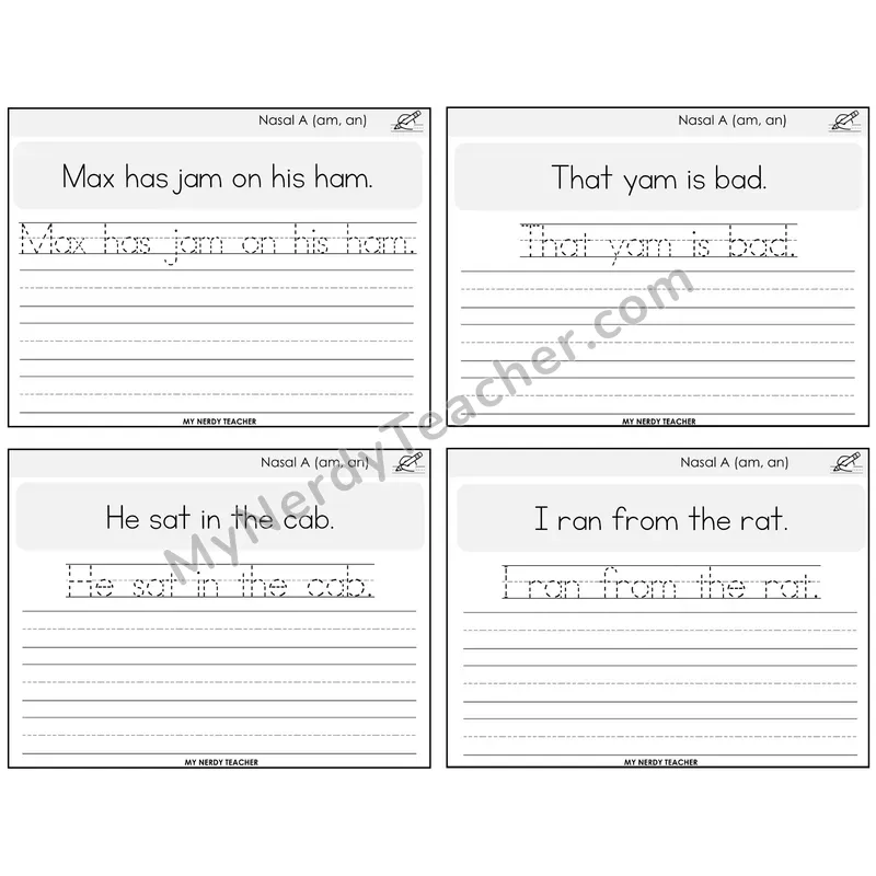 Nasalized A (am, an) Read It Trace It Write It Task Cards — Decodable Sentences