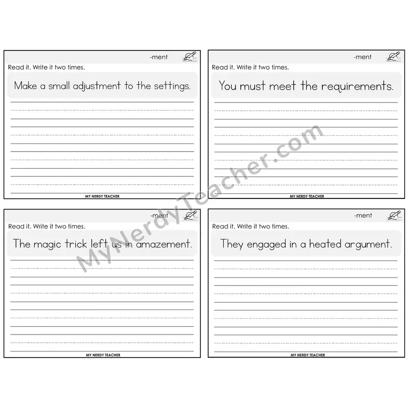 Suffix -ment Read It Write It Task Cards — Decodable Sentences