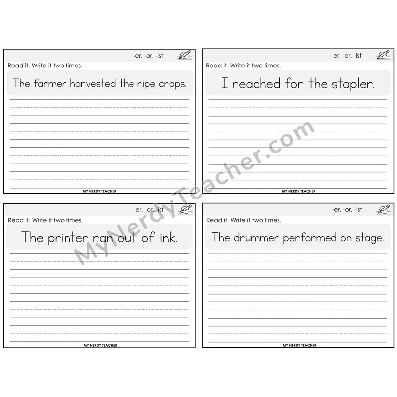 Suffixes -er, -or, -ist Read It Write It Task Cards — Decodable Sentences