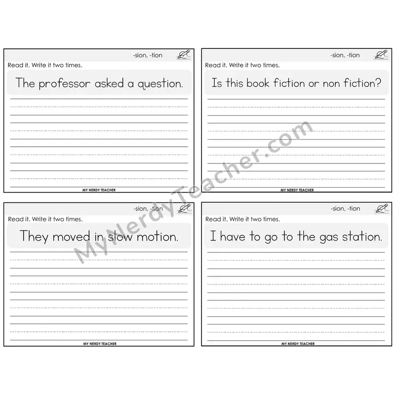 Suffixes -sion and -tion Read It Write It Task Cards — Decodable Sentences