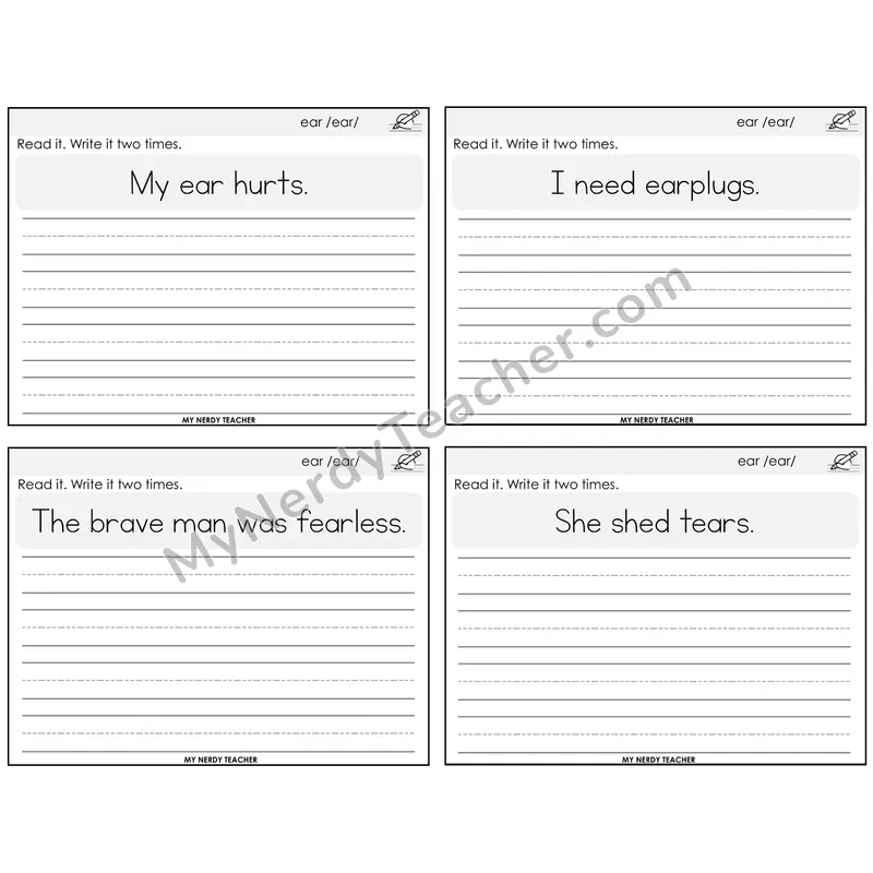 ear (/ear/) Read It Write It Task Cards — Decodable Sentences
