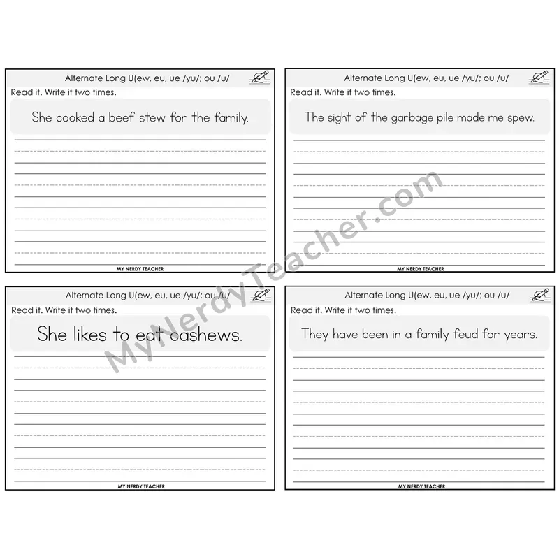 Alternate Long U Spellings Read It Write It Task Cards — Decodable Sentences