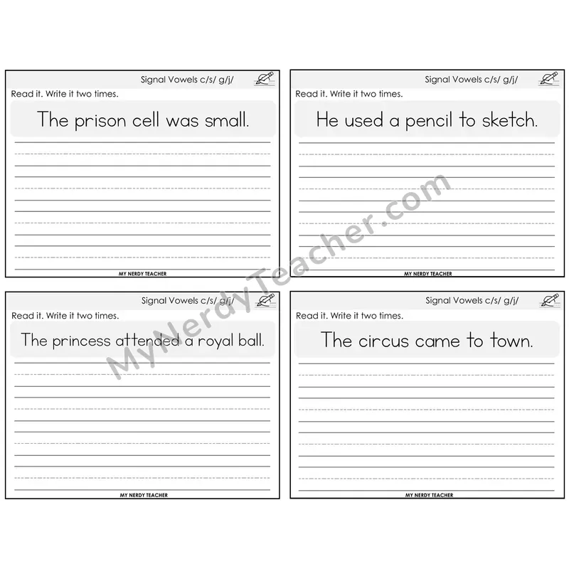 Signal Vowels (c/g soft) Read It Write It Task Cards — Decodable Sentences