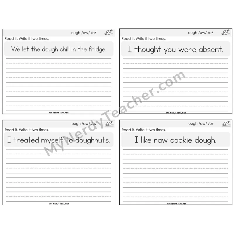 ough Spellings Read It Write It Task Cards — Decodable Sentences