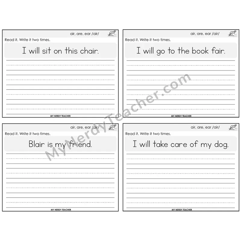 air, are, ear (/air/) Read It Write It Task Cards — Decodable Sentences