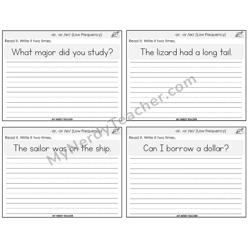 -ar and -or (/er/) Read It Write It Task Cards — Decodable Sentences