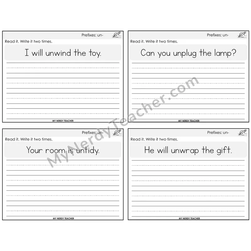 Prefix un- Read It Write It Task Cards — Decodable Sentences