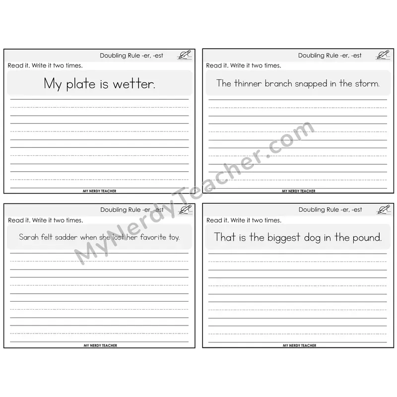 Doubling Rule -er, -est Read It Write It Task Cards — Decodable Sentences