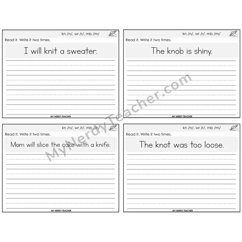 Silent Letters (kn, wr, mb) Read It Write It Task Cards — Decodable Sentences