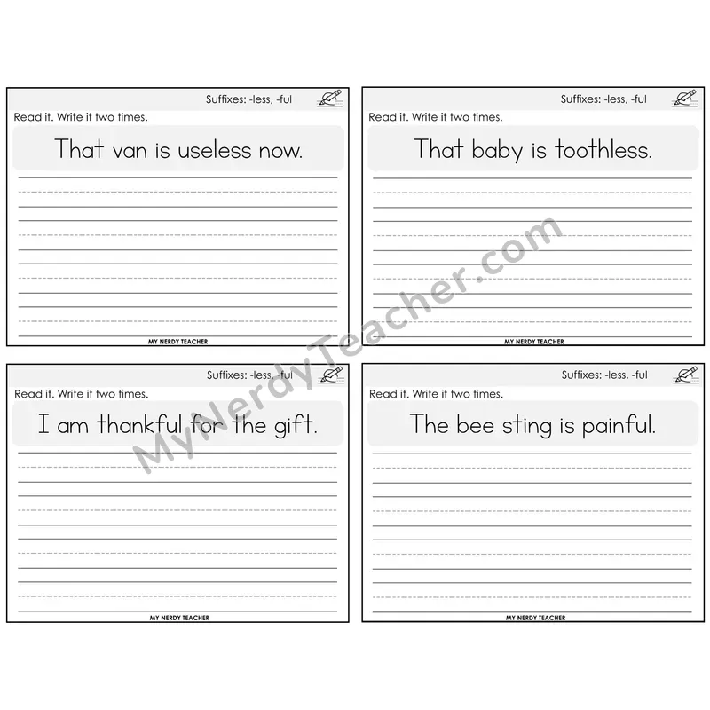 Suffixes -less and -ful Read It Write It Task Cards — Decodable Sentences