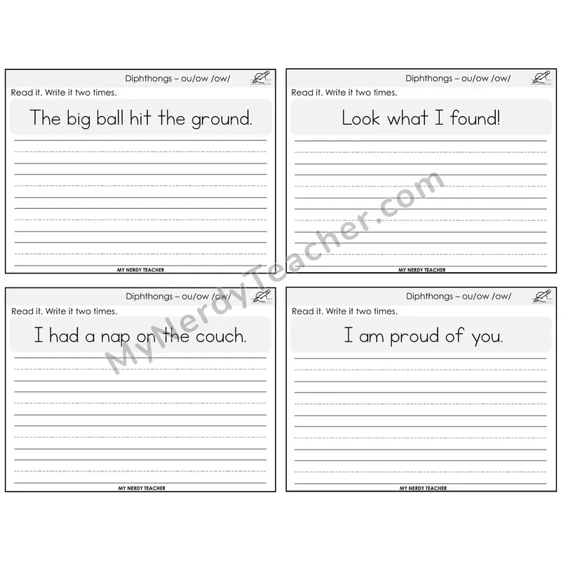 Diphthong OU and OW Read It Write It Task Cards — Decodable Sentences