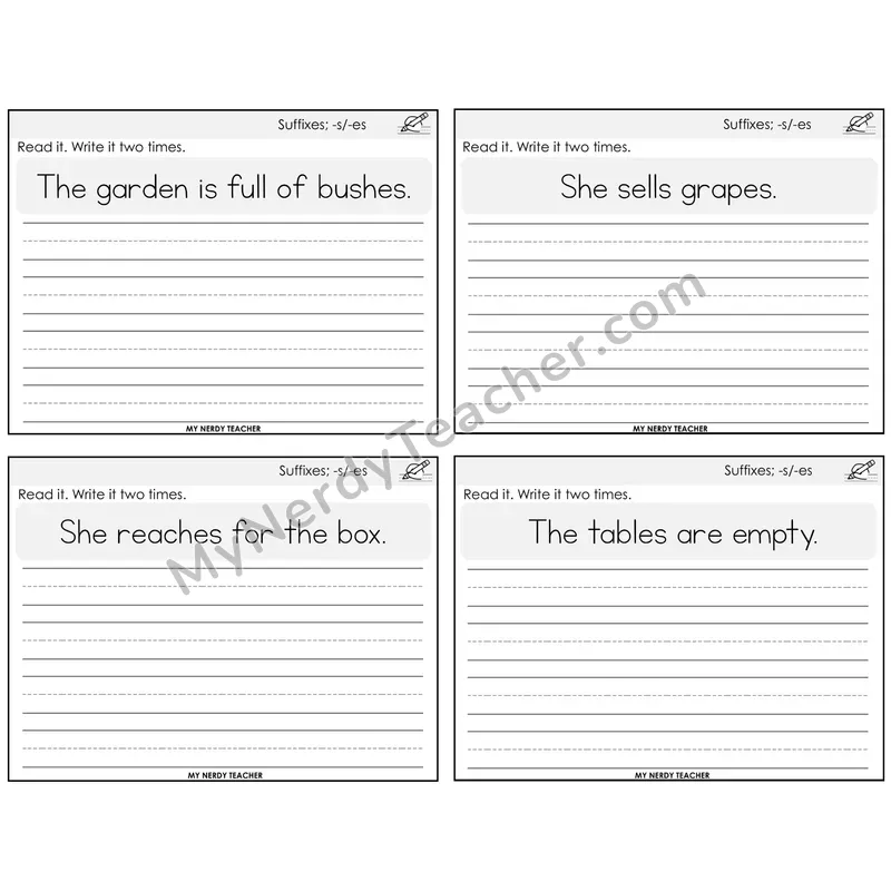 Suffixes -s and -es Read It Write It Task Cards — Decodable Sentences