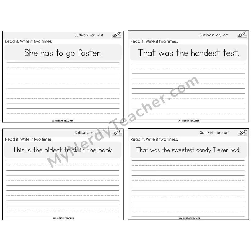 Suffixes -er and -est Read It Write It Task Cards — Decodable Sentences