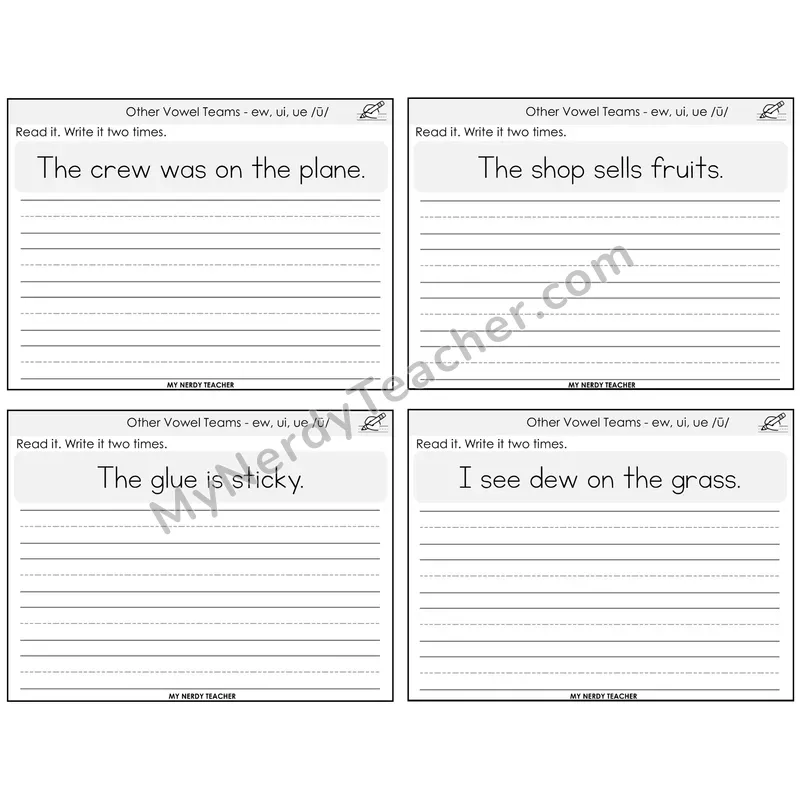 Long U (ew, ui, ue) Read It Write It Task Cards — Decodable Sentences