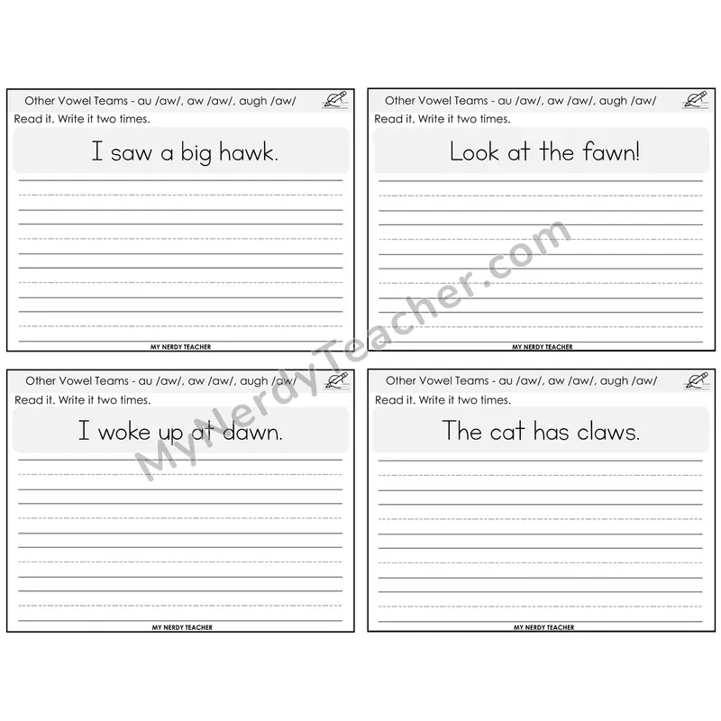AU, AW, AUGH (/aw/) Read It Write It Task Cards — Decodable Sentences