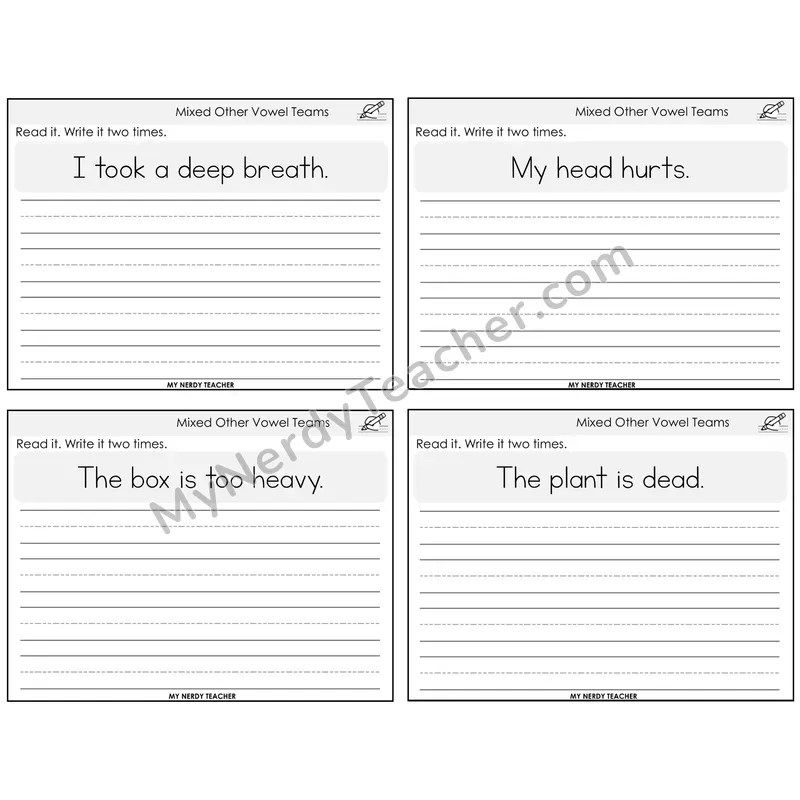 Mixed Other Vowel Teams Read It Write It Task Cards — Decodable Sentences
